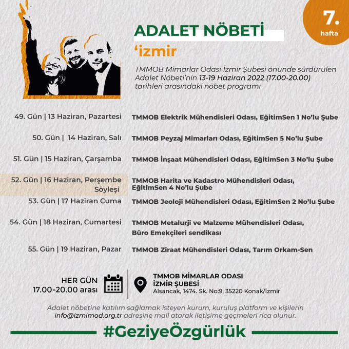 İzmir Adalet Nöbetinin 55. Gününde Ziraat Mühendisleri Odası olarak nöbet sırası bizlerde, tüm meslektaşlarımızla dayanışmayı güçlendirmek için İzmir Mimarlık merkezinde nöbette buluşmayı diliyoruz.
