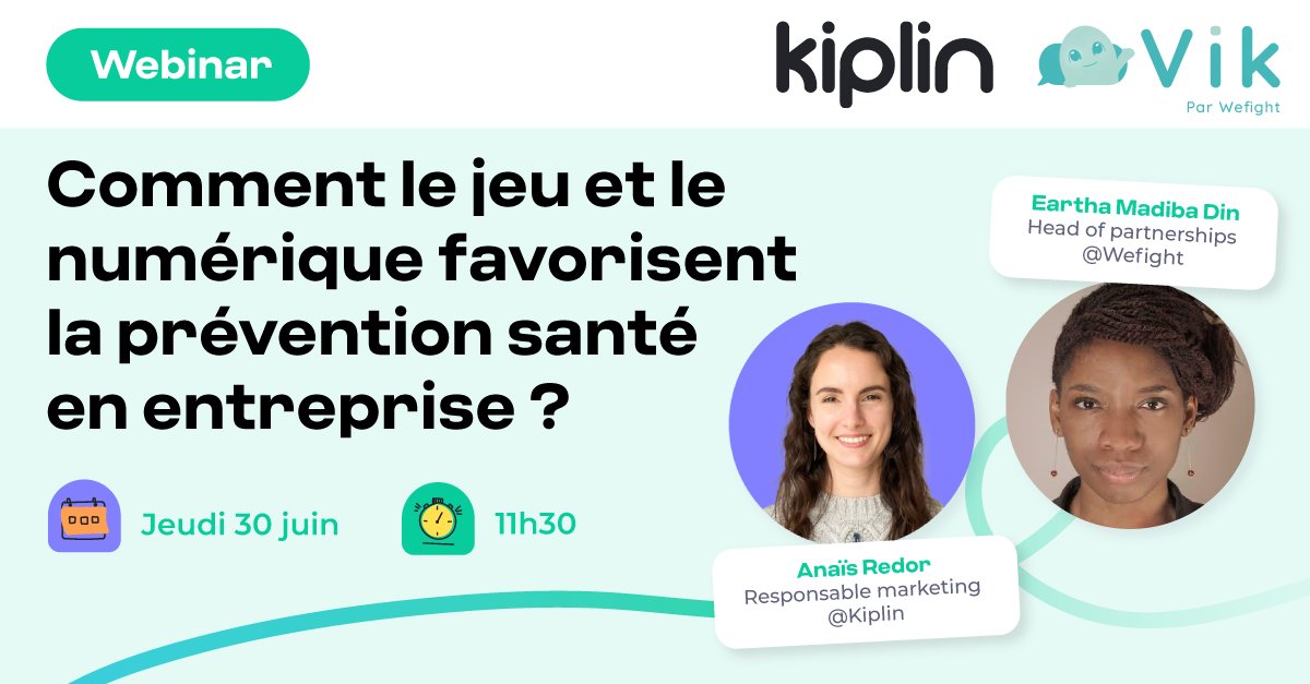 #Webinar
🎯 Eartha (Wefight) et Anaïs (<a href="/kiplin/">Kiplin</a>) vous donnent rendez-vous pour parler #préventionsanté et maintien dans l’emploi des collaborateurs-patients.
📅 Retrouvez-les le jeudi 30 juin à 11h30. 
👇 Pour vous inscrire, suivez-le lien !

hubs.ly/Q01d5tzF0