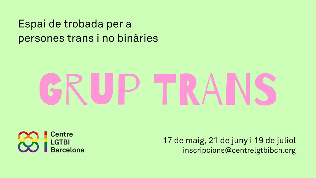 BarcelonaLGTBI's tweet photo. El pròxim dimarts 21 de juny, de 18 a 20h, nova reunió del #GrupTrans al @BarcelonaLGTBI
Es tracta d'un espai de trobada per a persones trans i no binàries.
Per participar, cal enviar un correu a inscripcions@centrelgtbibcn.org https://t.co/ac29FWgK3O