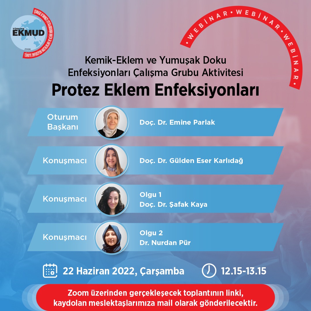 EKMUD_TR's tweet photo. Türkiye EKMUD olarak düzenlediğimiz “Protez Eklem Enfeksiyonları” webinarımız 22 Haziran Çarşamba günü saat 12:15-13:15 arasında çevrimiçi gerçekleştirilecektir.
Etkinliğimize kayıt olmak için https://t.co/ppOVuZ9fjc linkini ziyaret edebilirsiniz.
#EnfeksiyonHastalıkları #EKMUD https://t.co/WbDlOXbEk5