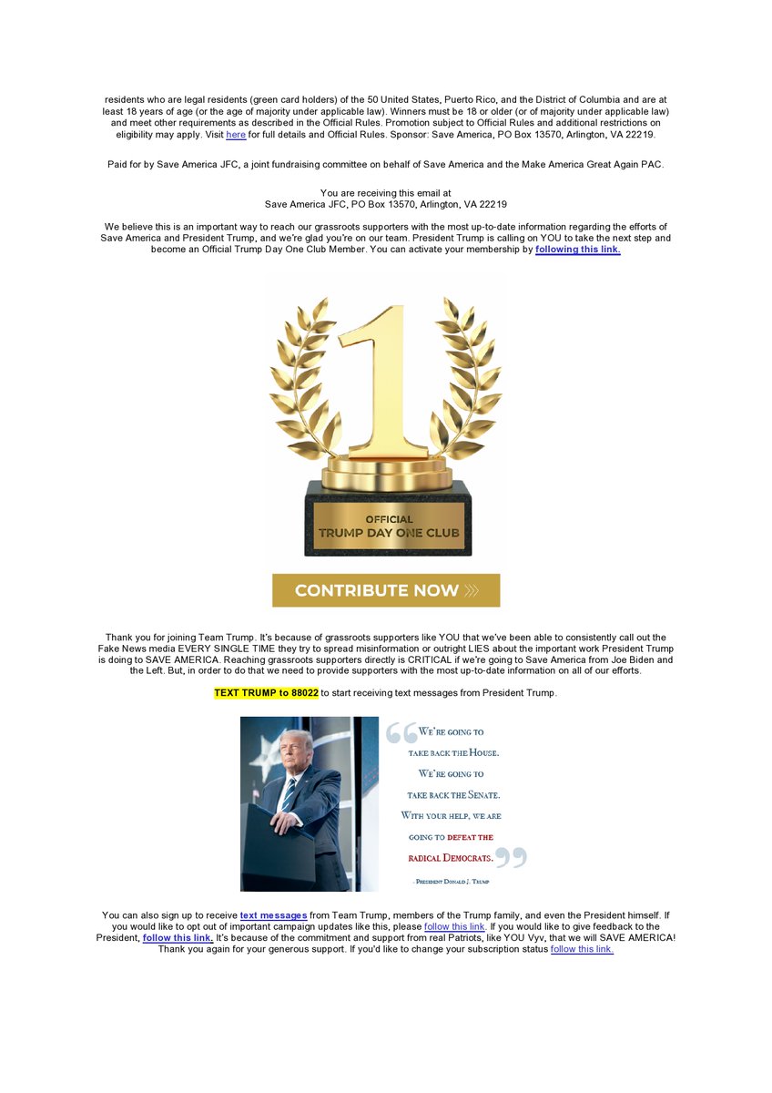 IamVyv's tweet photo. It seems that now the media is questioning his #Scampacs, TFG has thrown caution to the wind. This is one of his latest. So far as I can ascertain from his #Scampac's website, he does not have any rallies lined up. So the "prize" is for something that does not exist! https://t.co/XSlSgv049g