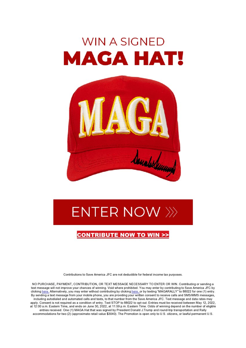 IamVyv's tweet photo. It seems that now the media is questioning his #Scampacs, TFG has thrown caution to the wind. This is one of his latest. So far as I can ascertain from his #Scampac's website, he does not have any rallies lined up. So the "prize" is for something that does not exist! https://t.co/XSlSgv049g
