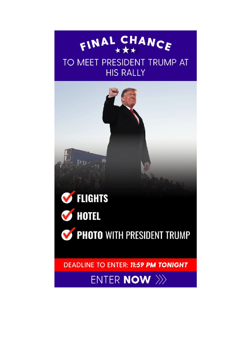 IamVyv's tweet photo. It seems that now the media is questioning his #Scampacs, TFG has thrown caution to the wind. This is one of his latest. So far as I can ascertain from his #Scampac's website, he does not have any rallies lined up. So the "prize" is for something that does not exist! https://t.co/XSlSgv049g
