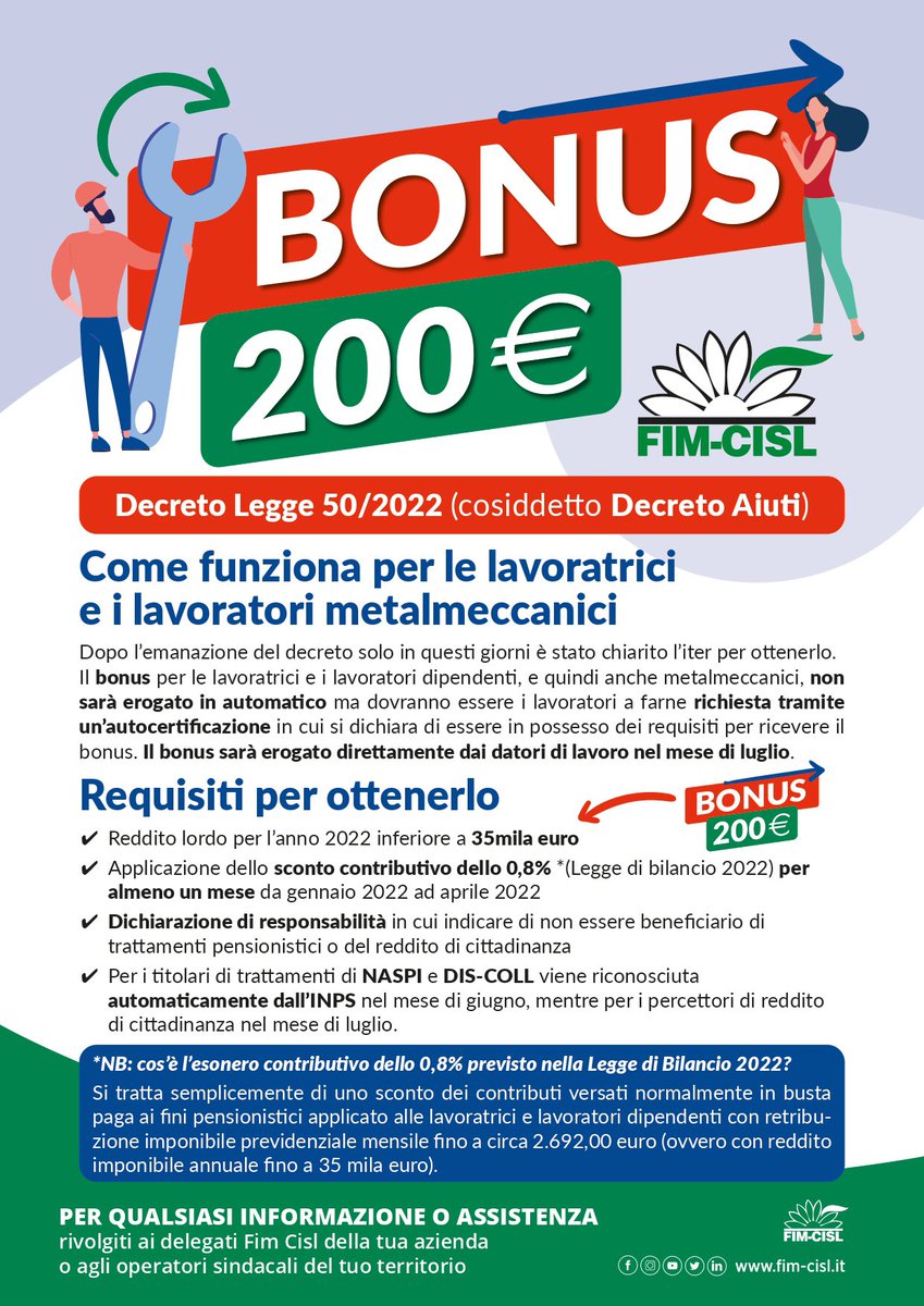 FIMCISLROMAGNA's tweet photo. #bonus 200€
Cos’è e come funziona la nuova misura prevista dal #decretoaiuti #fimcislromagna https://t.co/3FCttgGHH8