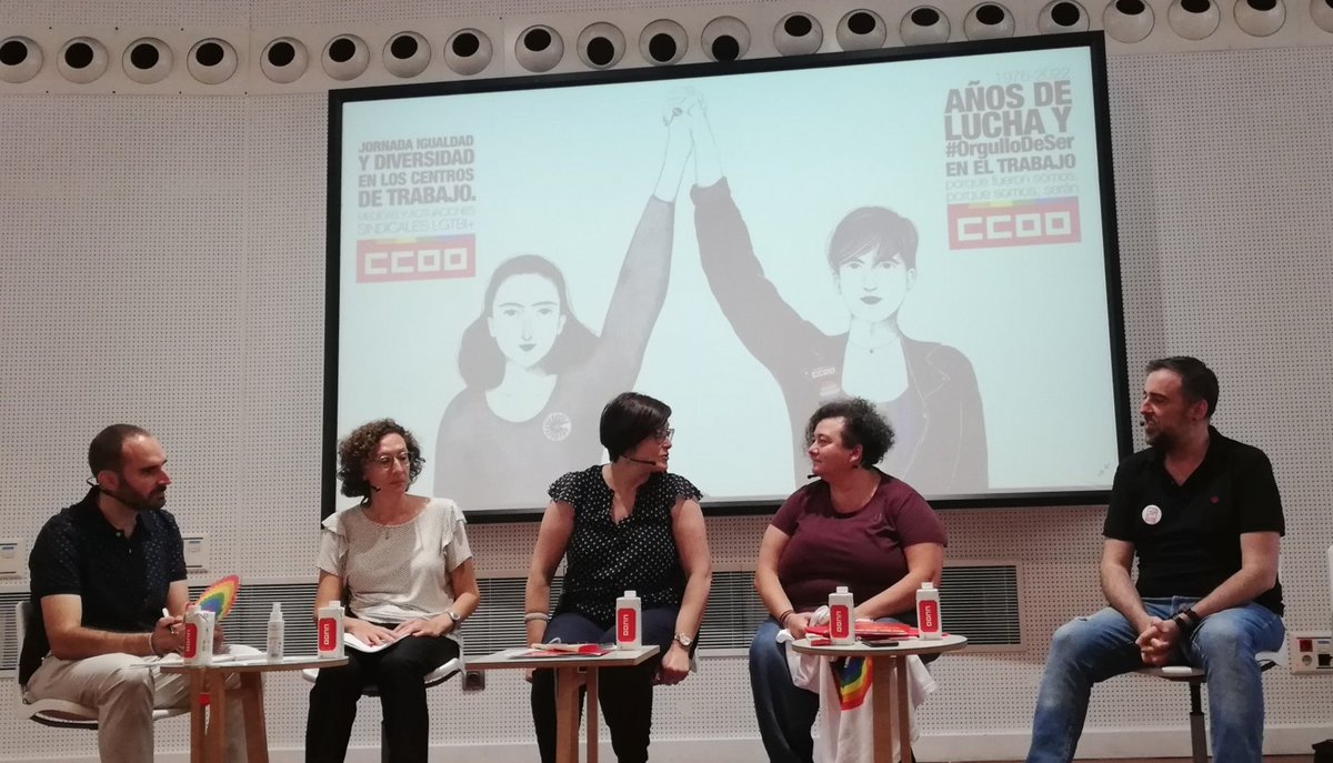 evaantonfer's tweet photo. 1976 - 2022 años de lucha y #OrgullodeSerCCOO
Mesa de presentación del doc de Medidas de Negociación Colectiva
@CarolinaVidal_L con activistas de la Red LGTBI+ de #CCOO
Aaron García de @Comunica_FSCA, Laura Mayo de @CCOOCyL, Raúl García de @fssccoo e Isa Descals de @feccoo https://t.co/LIJ7MRCq4U