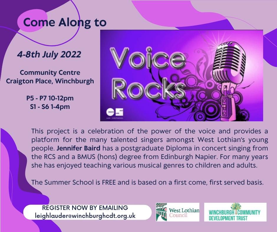 We are delighted to be working in partnership with West Lothian Council to bring you Voice Rocks.  This is a FREE Summer School for children in P5-S6.
To register your child, please complete our registration form forms.office.com/r/P1YpGXCYgj