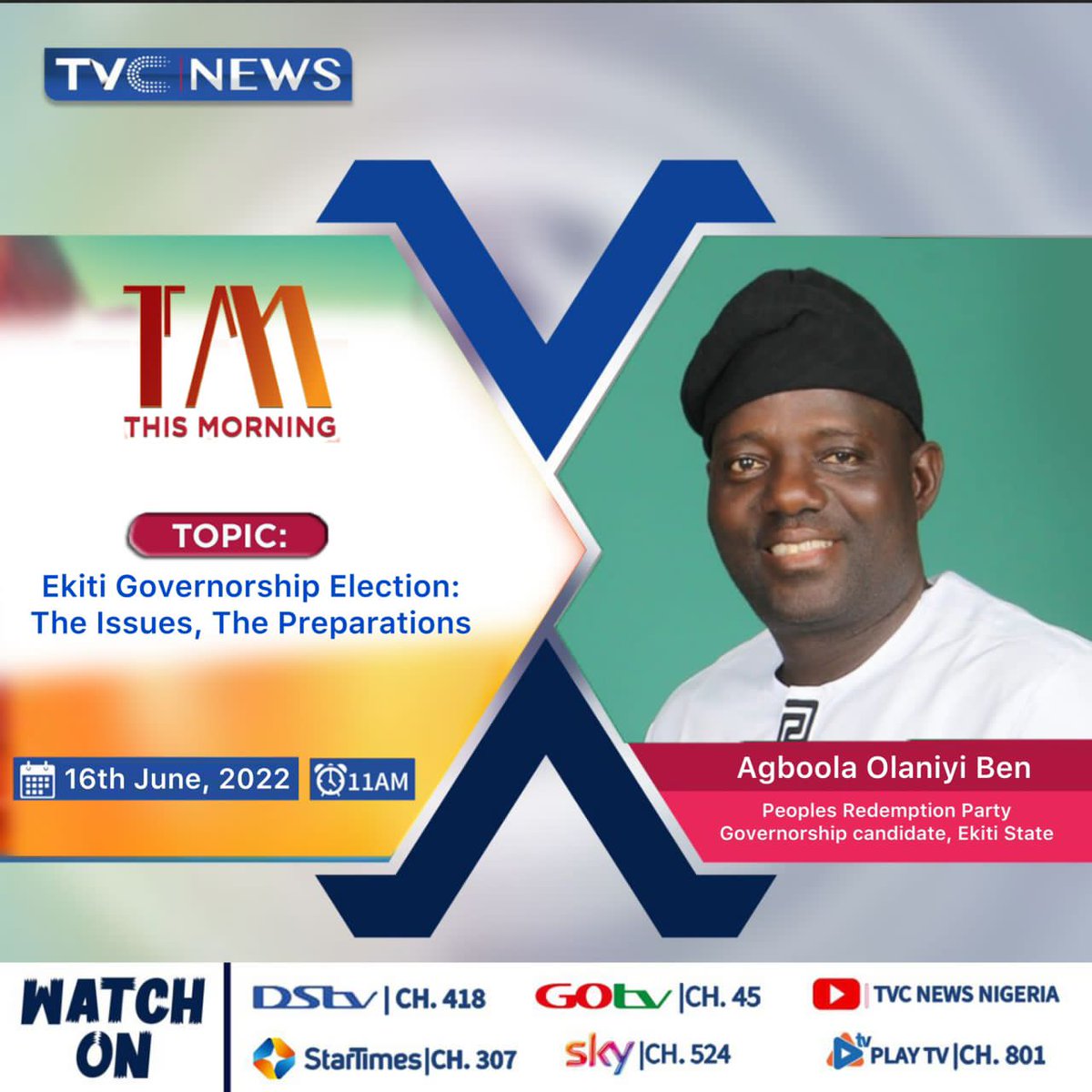 Hon. Funminiyi Afuye, Speaker of Ekiti House of Assembly, and Ekiti Governorship candidate of the People's Redemption Party will be live on #ThisMorning to discuss "Ekiti Governorship Election: The Issues, The Preparations".
Link below
youtu.be/F57-SrhLCwk