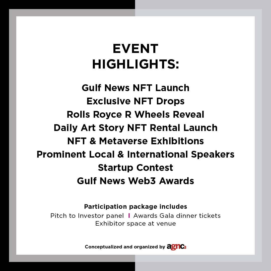 gulfnewsplus's tweet photo. When it comes to event ROI, everyone wants featured activities that attract investments and a great footfall. We have got you covered.
Register now for Gulf News Web3 Decode now on https://t.co/I9nU39bOH6
https://t.co/sSxB3Xp18U
#web3 #nft #metaverse #blockchain #crypto https://t.co/ILteEi0h79
