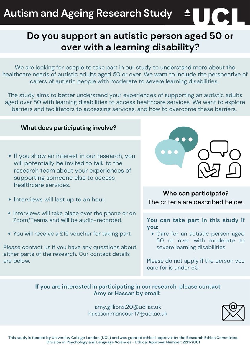 Are you a carer for an autistic person aged 50 or over with a learning disability?

We want to interview carers as part of our research project on the healthcare needs and experiences of autistic people aged 50 or over.