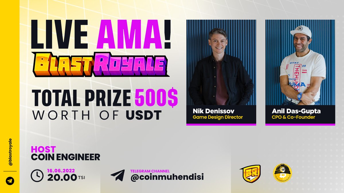 coinmuhendisi's tweet photo. 500$ $USDT Ödüllü #BlastRoyale ile AMA etkinliği düzenliyoruz.

AMA Tarihi : 16 Haziran 20.00 (UTC+3)

10 soru ödüllendirilecek. Twitter(5) - Telegram(5)

🔽Kurallar:

Takip Et
@coinmuhendisi
+
@Blastroyale
+
@paramuhendisim

▶️Beğen,Retweet

▶️Soru Sor 2 Arkadaşını Etiketle ✅ https://t.co/qgKl86fI9A