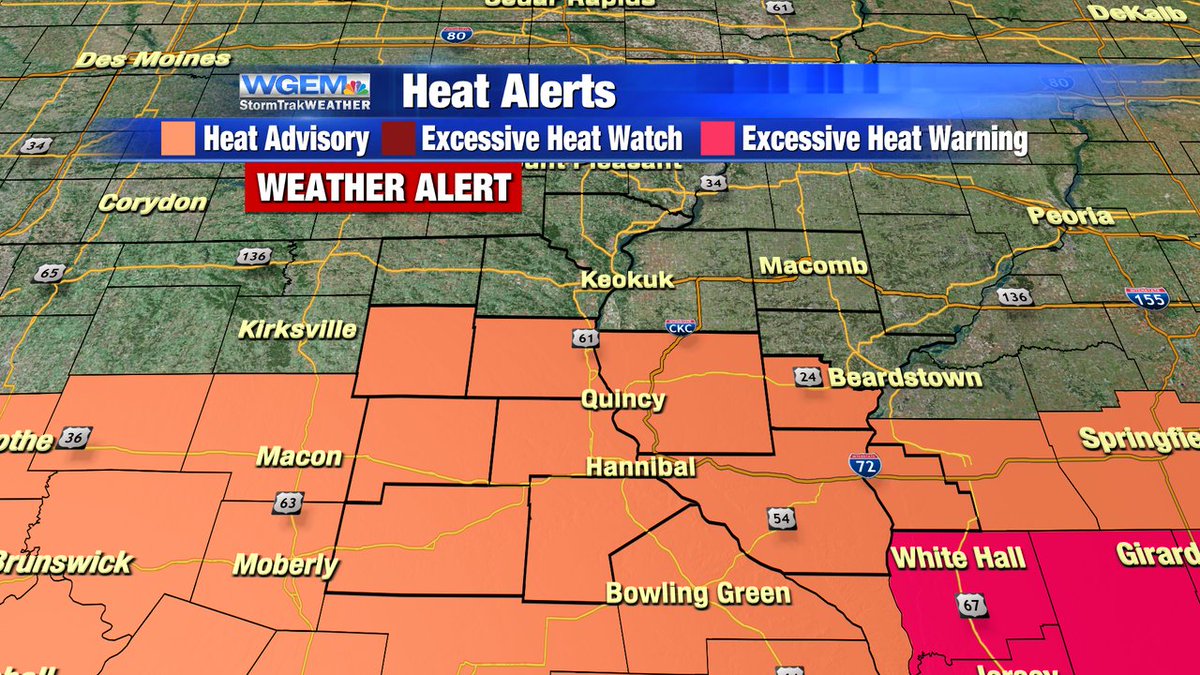 WGEMWeather's tweet photo. A new Heat Advisory has been issued for portions of the Tri-States, running through 8 PM tonight. Then as we head into tonight, we have another chance for strong to severe storms. On WGEM News Today, find out how hot it will be today & when the storms will arrive. #WGEM https://t.co/Nq24HqnAcC
