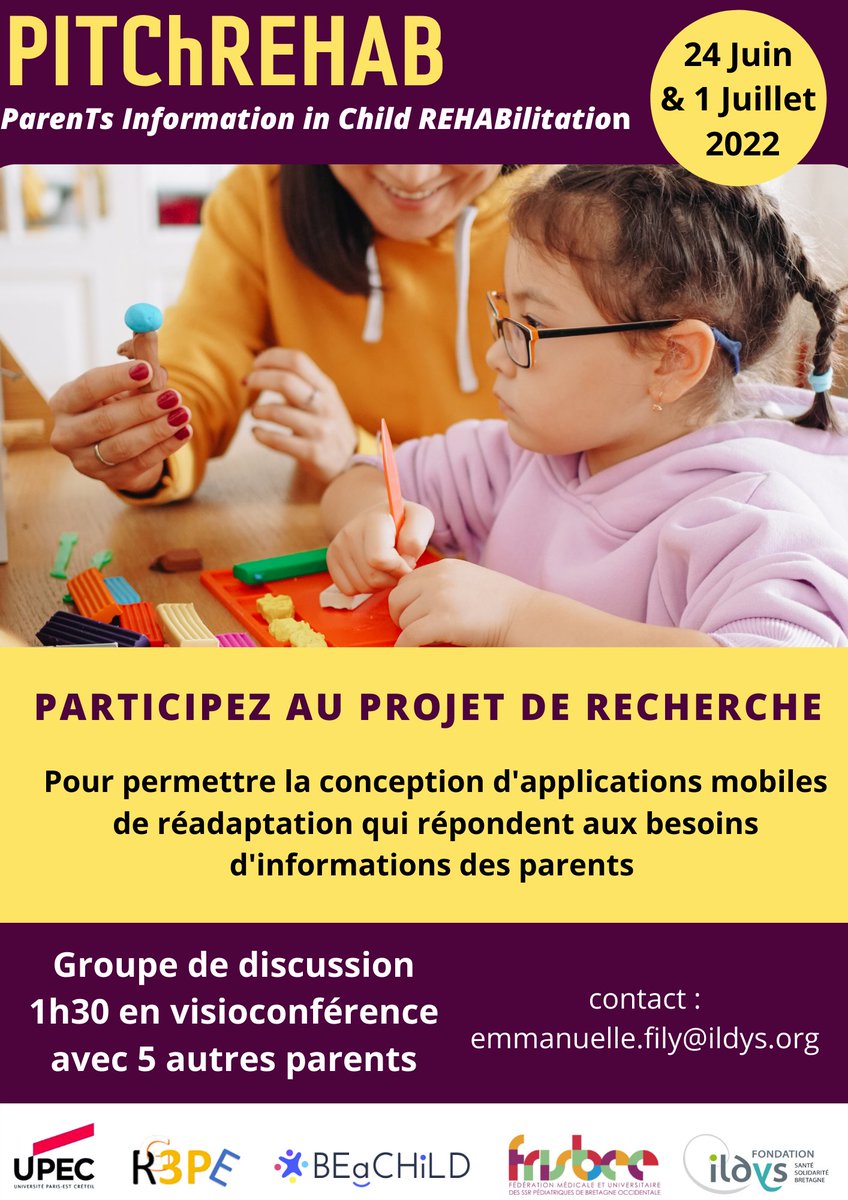 BEaCHILD_eu's tweet photo. Venez co-construire le projet de #recherche en #réadaptation #PITChREHAB avec @BEaCHILD_eu! Vous êtes parent d’un enfant avec une condition chronique? Inscrivez-vous aux groupes de discussion les 24 Juin ou 1er Juillet 2022 : https://t.co/oxx0BThG1y https://t.co/J3Uc8iWMyi