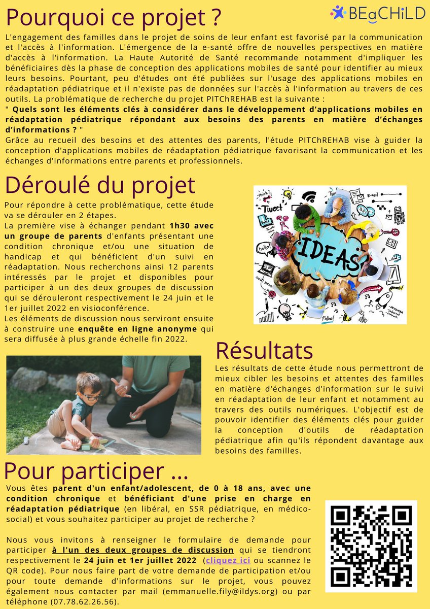 BEaCHILD_eu's tweet photo. Venez co-construire le projet de #recherche en #réadaptation #PITChREHAB avec @BEaCHILD_eu! Vous êtes parent d’un enfant avec une condition chronique? Inscrivez-vous aux groupes de discussion les 24 Juin ou 1er Juillet 2022 : https://t.co/oxx0BThG1y https://t.co/J3Uc8iWMyi