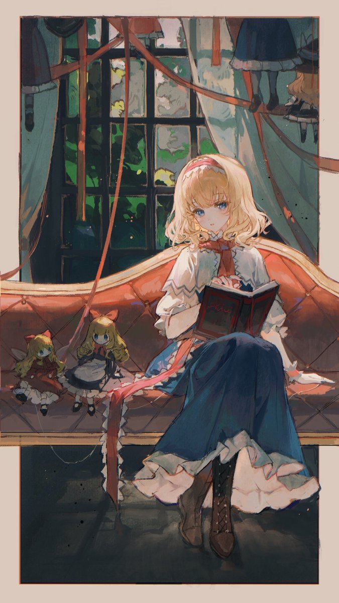 alice margatroid ,shanghai doll blonde hair dress blue eyes sitting blue dress book hairband  illustration images