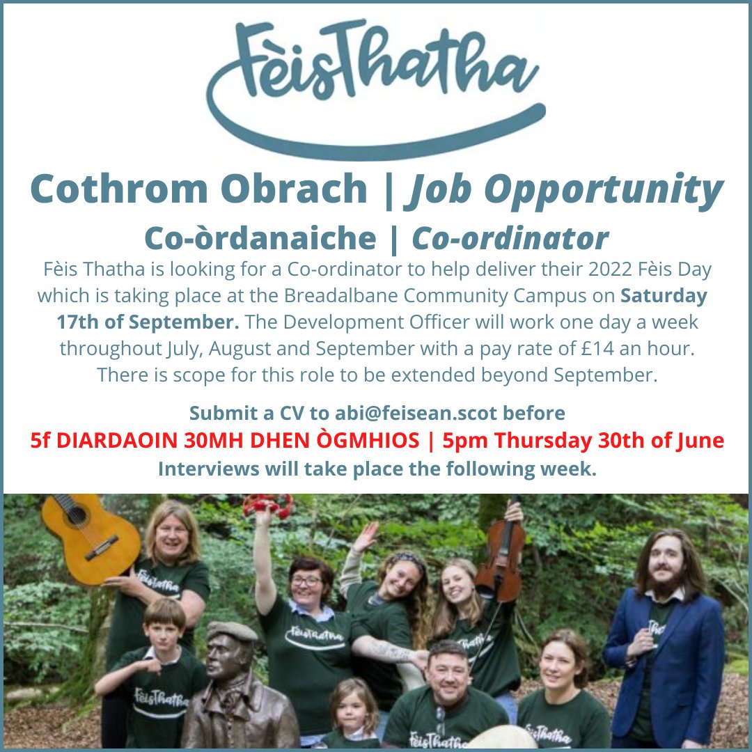 Fèisean nan Gàidheal (@fngaidheal) on Twitter photo ❗️Cothrom Obrach
Tha <a href="/FeisThatha/">Fèis Thatha</a> a' sireadh Co-òrdanaiche ùr!
❗️Job Opportunity
Fèis Thatha is looking for a new Co-ordinator!
feisean.org/.../feis-co-or… ❗️Cothrom Obrach
Tha <a href="/FeisThatha/">Fèis Thatha</a> a' sireadh Co-òrdanaiche ùr!
❗️Job Opportunity
Fèis Thatha is looking for a new Co-ordinator!
feisean.org/.../feis-co-or…