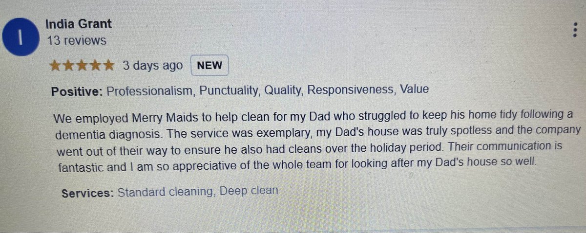 RampionL's tweet photo. We’re particularly proud of this review! 🤩 #merrymaids #dementiafriendlly #cleaning #deepcleaning https://t.co/mi7dhtPPwp