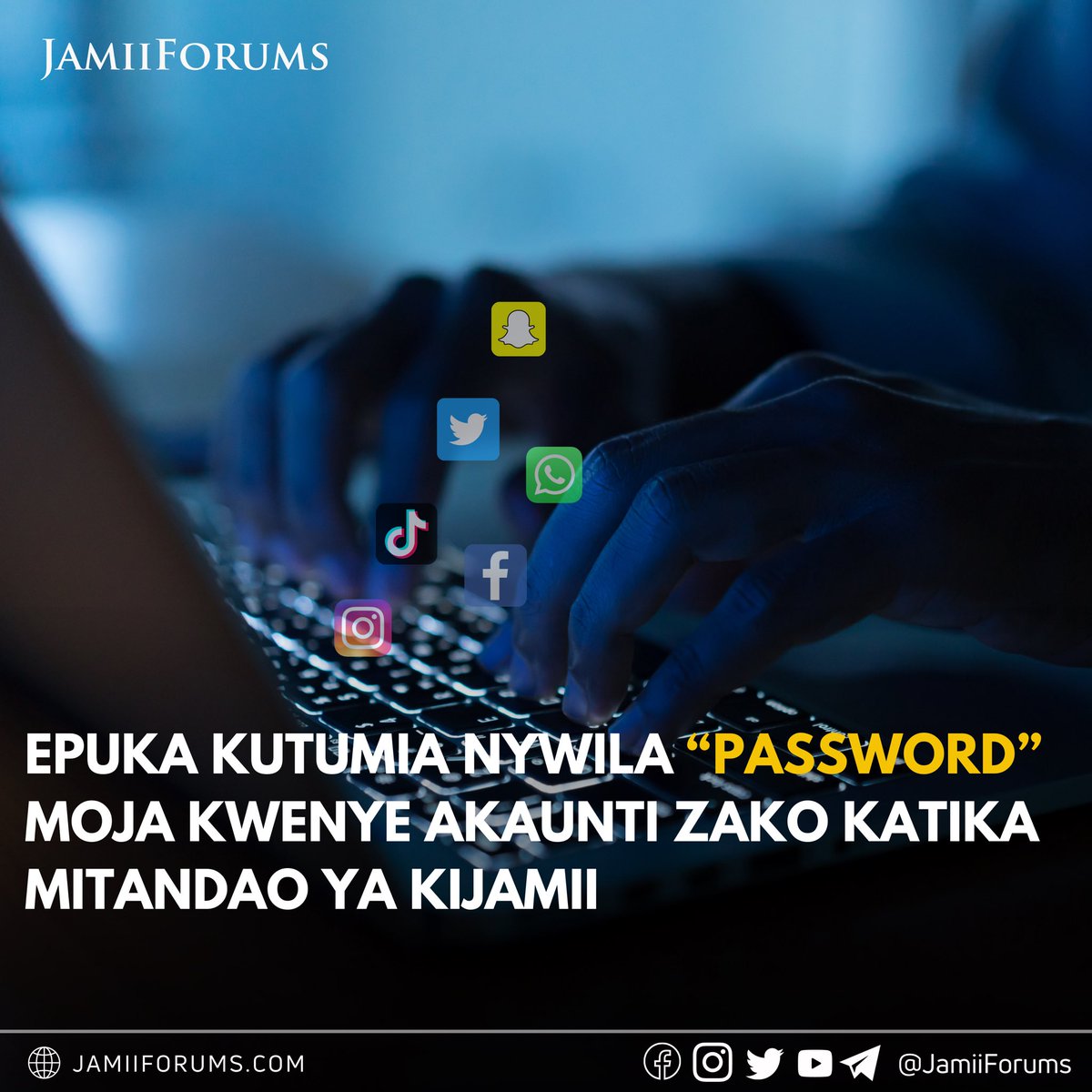 JamiiForums's tweet photo. #DIGITALSECURITY: Wataalamu wa Mitandao wanahimiza kutumia Nywila (Password) tofauti tofauti katika mitandao
> Hii italinda akaunti zako nyingine ikitokea mtu amejua Nywila yako ya akaunti moja
Soma - https://t.co/iVRyGLMTOC
#DataProtections #JamiiForums https://t.co/HS5bI5OG3b
