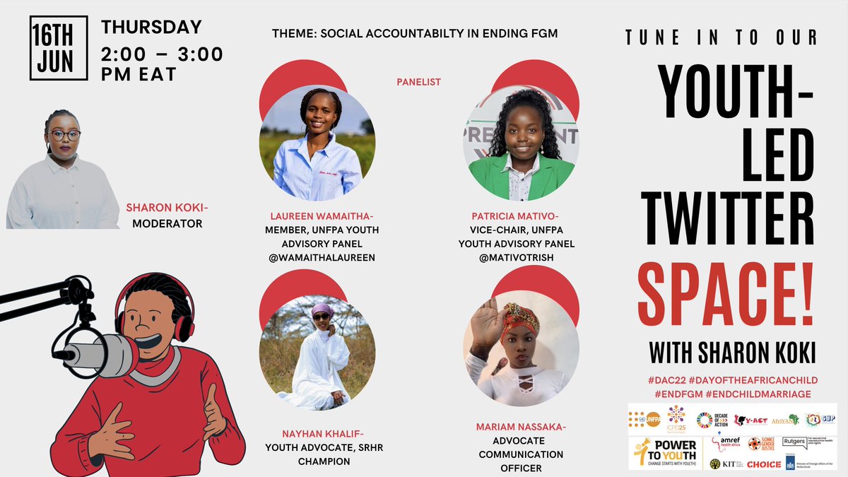 powertoyouth21's tweet photo. Attention all youth! Set a date with fellow youth advocates on @YouthActKE Twitter Spaces today at 2PM EAT and learn how you can help end FGM/C by being socially accountable.
Tap here for the reminder: https://t.co/pKm966sAEM
#dayoftheAfricanChild
#DAC22 https://t.co/gm7rzTSaOq