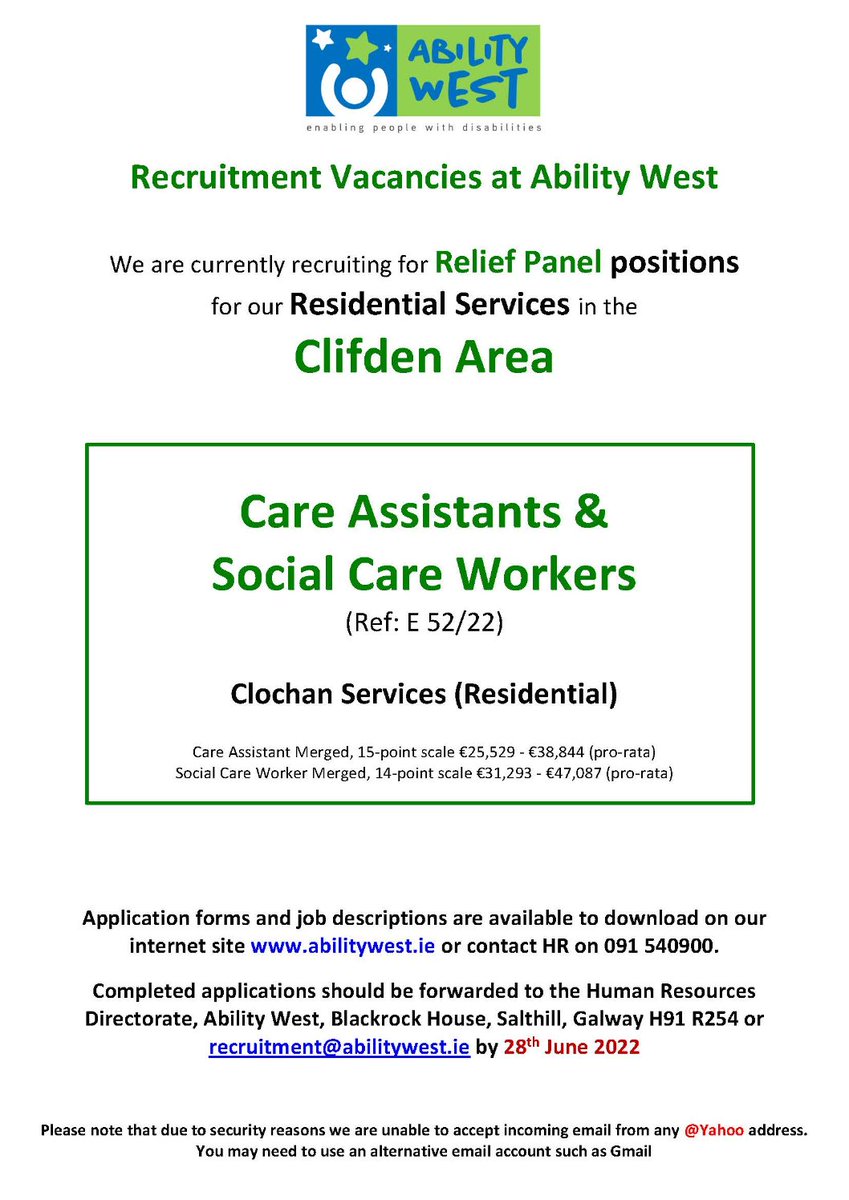 abilitywest's tweet photo. Why not check out our current vacancies in the Clifden area. https://t.co/flC66v7n2v