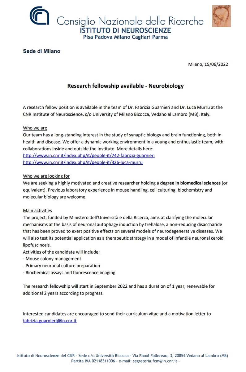 We are looking for an enthusiastic research fellow to join our team in Milan
#neuroscience #biochemistry #autophagy #lipofuscinosis #research