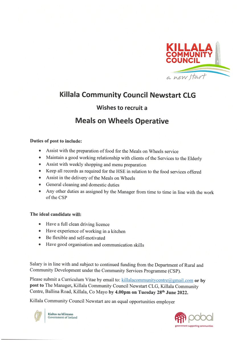 Killala Community Council (@killalanewstart) on Twitter photo JOB OPPORTUNITY:
Killala Community Council Newstart have a vacancy for the following position: Meals on Wheels Operative (Temporary position)
*Closing date is Tuesday 28th June 2022* <a href="/pobal/">Pobal</a> <a href="/MayoNorthEast/">@MayoNorthEast</a> <a href="/radiomidwest/">Mid West Radio</a> <a href="/WesternPeople/">Western People</a> <a href="/Irishjobsie/">IrishJobs</a> <a href="/irishjobfairy/">Irish Job Fairy</a> JOB OPPORTUNITY:
Killala Community Council Newstart have a vacancy for the following position: Meals on Wheels Operative (Temporary position)
*Closing date is Tuesday 28th June 2022* <a href="/pobal/">Pobal</a> <a href="/MayoNorthEast/">@MayoNorthEast</a> <a href="/radiomidwest/">Mid West Radio</a> <a href="/WesternPeople/">Western People</a> <a href="/Irishjobsie/">IrishJobs</a> <a href="/irishjobfairy/">Irish Job Fairy</a>