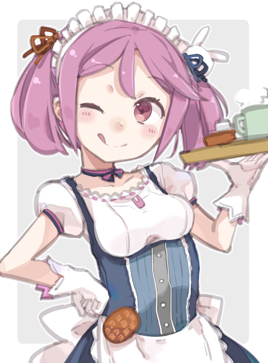 sazanami (kancolle) 1girl pink hair one eye closed solo twintails maid headdress gloves  illustration images