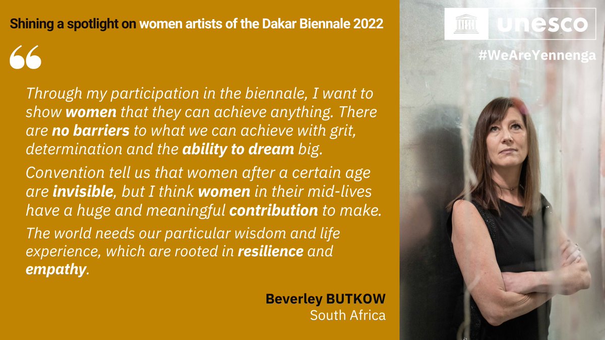UNESCO_Dakar's tweet photo. 👩🎨Shining a spotlight on women #artists of the #DakArt2022 - Lumières sur les créatrices de la #BiennaleDeDakar
🖌️Beverley BUTKOW #Afrique du Sud 🇿🇦👉https://t.co/ydqZ03qMU4
📢#Women artists speak out!
Les créatrices prennent la parole !
#WeAreYennenga #INDAFFA #SupportCreativity https://t.co/7FuG6IX5S2