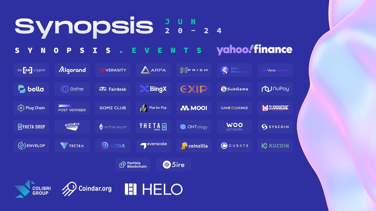 SynopsisEvents's tweet image. 🗞️ 𝗦𝘆𝗻𝗼𝗽𝘀𝗶𝘀 𝗦𝘂𝗺𝗺𝗶𝘁: 𝗘𝗱𝗶𝘁𝗶𝗼𝗻 𝟱 -
Opens the New Blockchain Frontiers on June 20-24

➡️ finance.yahoo.com/news/synopsis-…

🥽 @SynopsisEvents | @coindar_ | synopsis.events