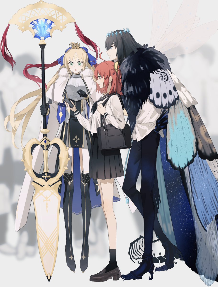 artoria caster (fate) ,artoria pendragon (fate) ,fujimaru ritsuka (female) ,oberon (fate) 1boy 2girls multiple girls orange hair blonde hair ahoge insect wings  illustration images