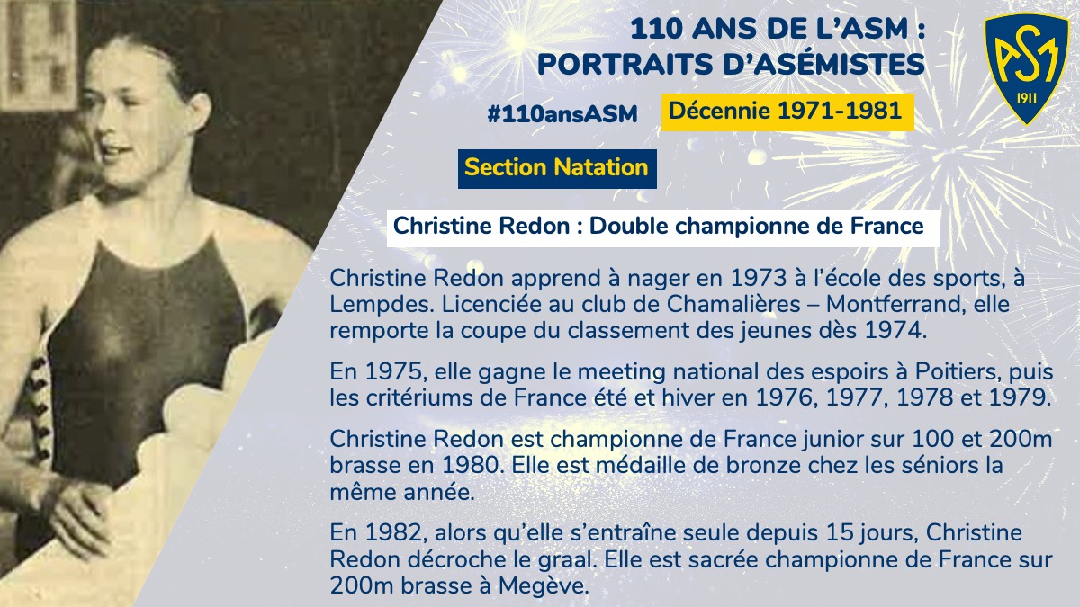 Asm_Omnisports's tweet photo. 💛💙#110ansASM à l’occasion des 110 ans du club nous vous donnons rendez-vous tous les jeudis pour découvrir des portraits d’asémistes par décennie. 3ème portrait pour la décennie 1971-1981 : Christine Redon, Double championne de France de Natation. https://t.co/onLdqmWZsk