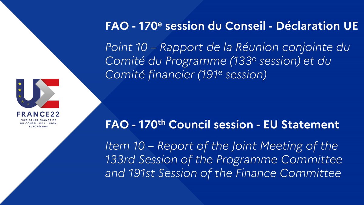 FranceONURome's tweet photo. @FAO I #CL170 I Statement on behalf of the #EuropeanUnion 🇪🇺 on Item1️⃣0️⃣
 
"Report of the Joint Meeting Programme and Finance Committees"

En français ➡️ https://t.co/ZlHG21wyyS
In English ➡️ https://t.co/Z6vmpDO9dq

#EU2022FR #EUatFAO #PFUE2022 https://t.co/Rwn7B5gxIn