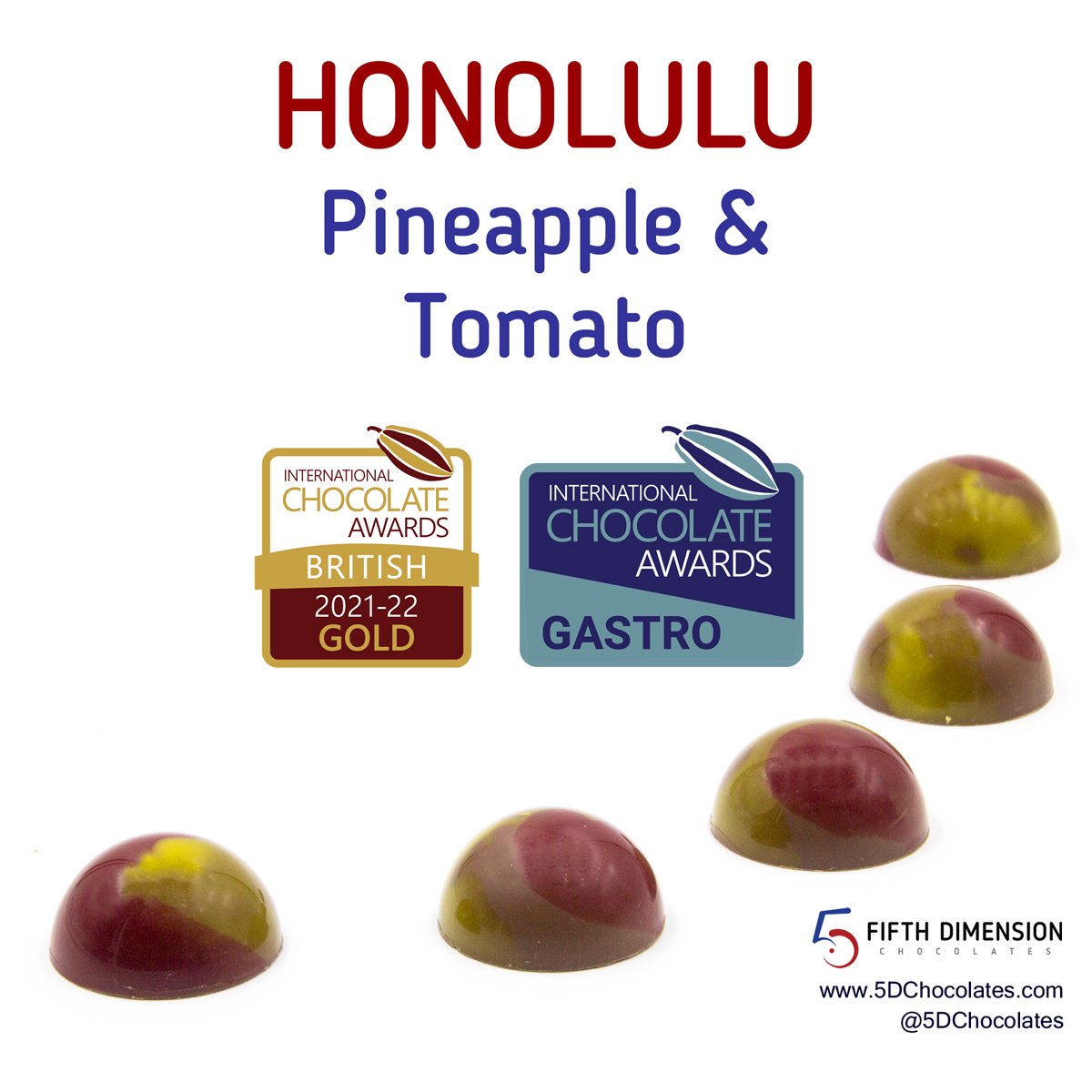 🏅 Good news!

Our Pineapple &amp; Tomato chocolate (named after the city of Honolulu) has just won GOLD at the British Craft Chocolatier round of <a href="/ChocolateAwards/">Chocolate Awards</a>. It has also be awarded the special #Gastronomic Prize.

Story on this #chocolate:
 5dchocolates.com/blog/pineapple…