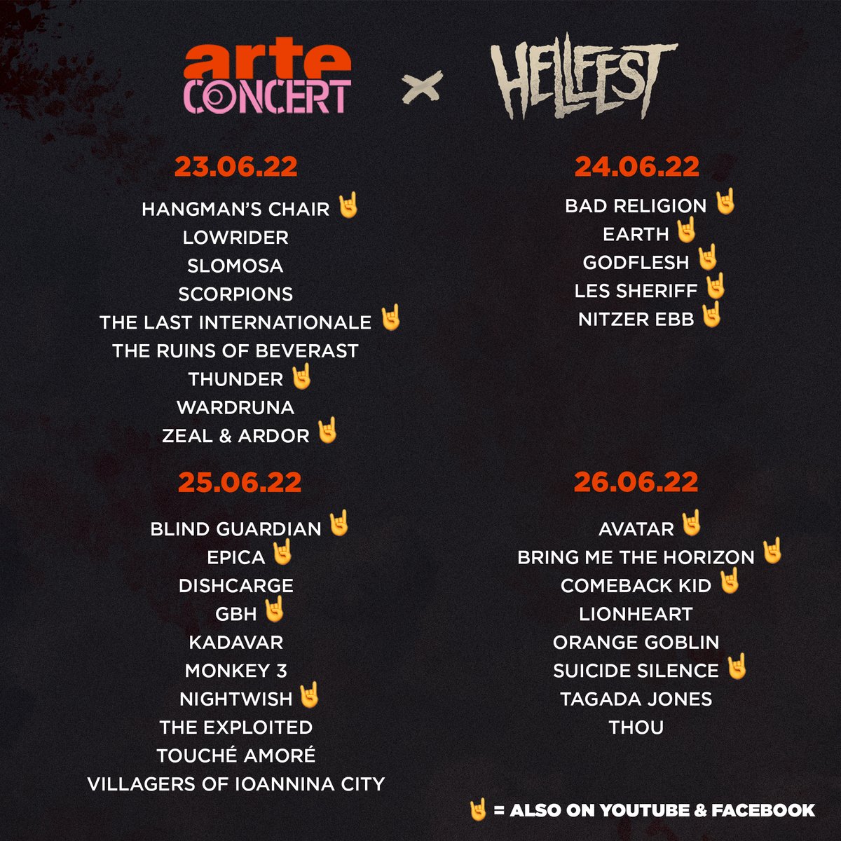 ARTEconcertFR's tweet photo. 🤘 GREAT NEWS 🤘
La programmation complète du @Hellfestopenair 2022 est disponible juste ici 👇  

Alors, quel(s) concert(s) attendez-vous le plus ? #Hellfest2022 https://t.co/hw9SUlJpCc