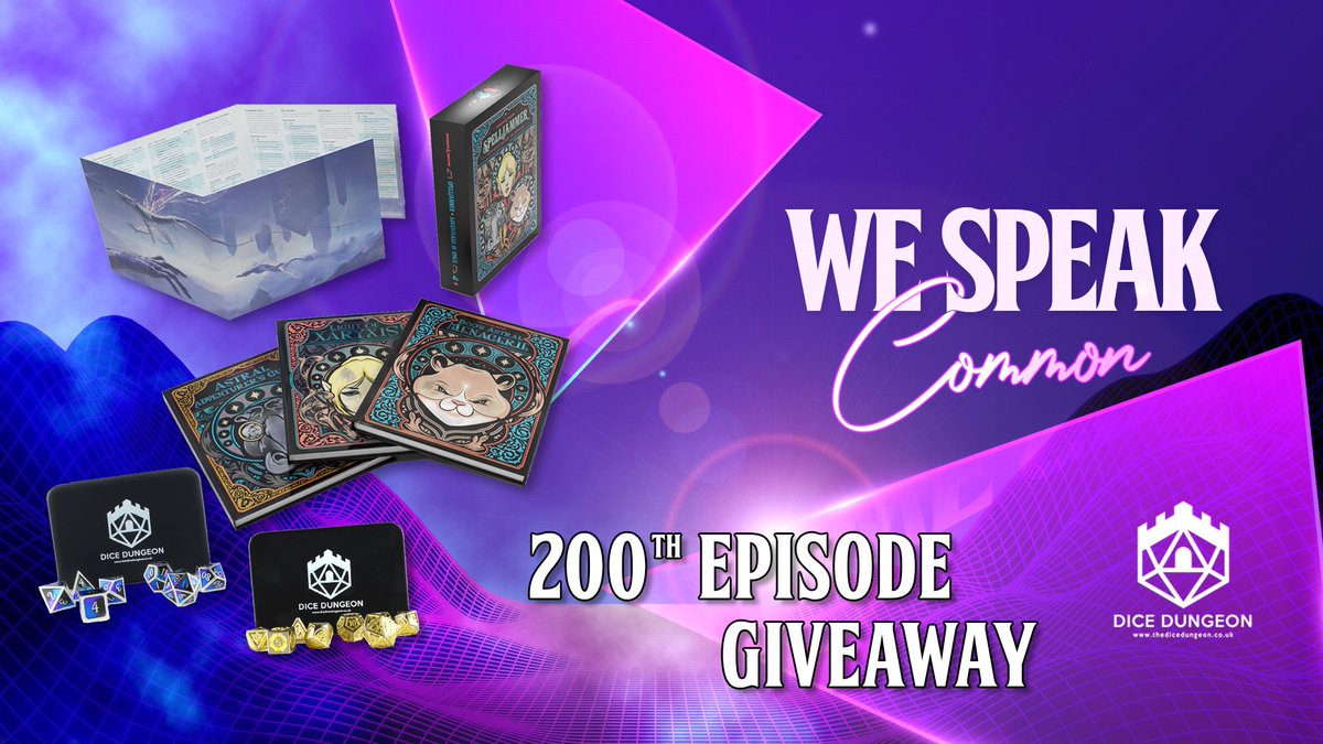 🚨 #GIVEAWAY🚨

To celebrate 200 <a href="/WeSpeakCommon/">We Speak Common</a> we are giving away the following:

The limited edition #Spelljammer adventure
Koriel the Golden dice!
Frozen Shadows dice!

To Enter:
- Like, retweet and reply to this tweet
- Follow us and <a href="/WeSpeakCommon/">We Speak Common</a> 

Good luck! #DnD