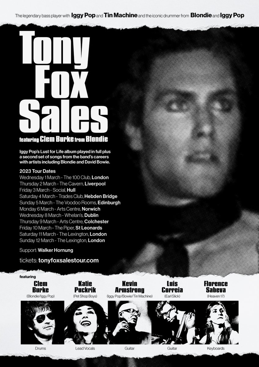 Bowie and Iggy Pop icon Tony Fox Sales celebrates 45 years of Lust For Life album with March 2023 UK tour featuring Clem Burke from Blondie.
tonyfoxsalestour.com