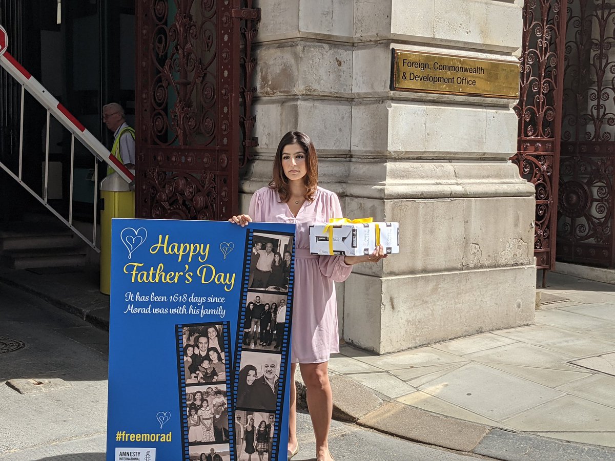 Roxanne Tahbaz, the daughter of Morad Tahbaz is at the Foreign Office today with a Father's Day card and gift asking UK officials to deliver it to him in Evin prison in Iran and to stand by their word and bring him home.<a href="/FreeMorad1/">Free Morad</a>  <a href="/AmnestyUK/">Amnesty UK</a>