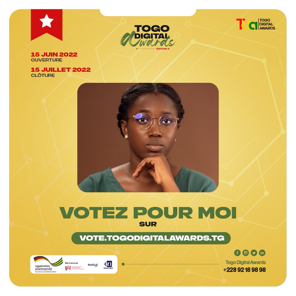 TanceDeguenon's tweet photo. #THREAD 
Je participe au Togo Digital Awards, un concours qui récompense les acteurs du digital au Togo en temps que Femme Actrice du Digital.

Pour voter pour moi, cliquez sur

https://t.co/Fn99mJX3rC et entrez votre email pour soumettre le vote.

#TDA #TgTwittos 👇🏾 https://t.co/UQAnukhHxM
