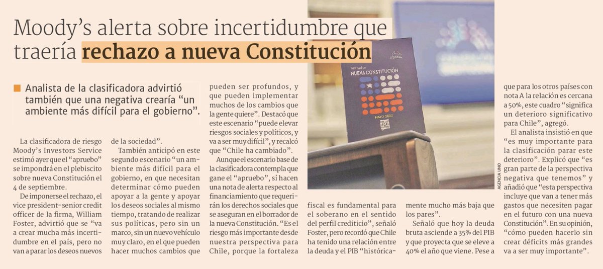 La agencia calificadora de riesgos Moody's estima que si gana el Rechazo habrá más incertidumbre. Cobertura de hoy en LT, ElMer, Publimetro y DF.