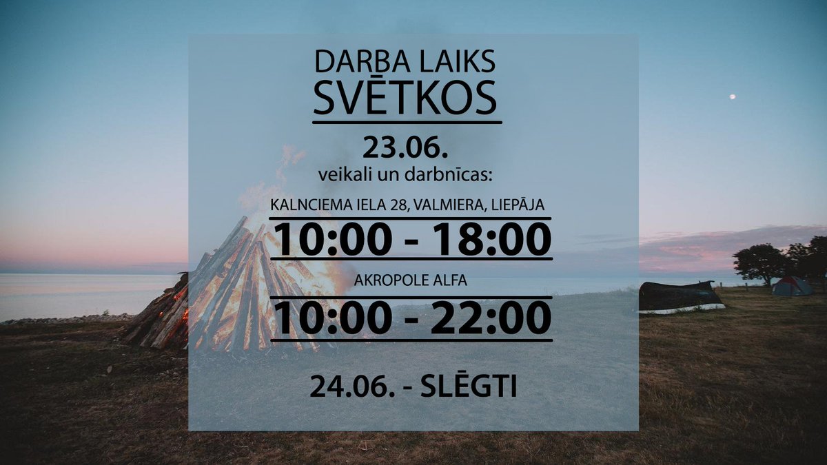 Darba laiks Saulgriežos!☀🔥

23.06. gaidīsim Tevi mūsu veikalos, bet 24.06. visi atpūtīsimies!😊

Priecīgus svētkus!🌾🌞