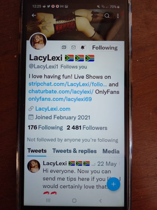 @LacyLexi1 had her account permanently suspended because she had this banner at the top of her page.<a class="tags" target="_blank" title="On Twitter" href="/?out=eyJ0eXAiOiJKV1QiLCJhbGciOiJIUzUxMiJ9.eyJpYXQiOjE3MjI5MjUzOTksImlzcyI6InR3cG9ybnN0YXJzLmNvbSIsIm5iZiI6MTcyMjkyNTM5OSwiZXhwIjoxNzU0NDYxMzk5LCJyZWRpcmVjdF91cmwiOiJodHRwczovL3R3aXR0ZXIuY29tL0xhY3lMZXhpMSJ9.oFOVHutGxvnMnK3fTfdnfanjBNx3KP1k9skTeClSGeyC7NXI5rhpNRuxyrqFTV5XjFBxiLQC-lomCJURpE0T_A">@LacyLexi1</a><a href="/tag/chaturbate"class="tags"><span>#chaturbate</span></a><a href="/tag/chaturbategrls"class="tags"><span>#chaturbategrls</span></a><a href="/tag/lacylexi1"class="tags"><span>#lacylexi1</span></a>