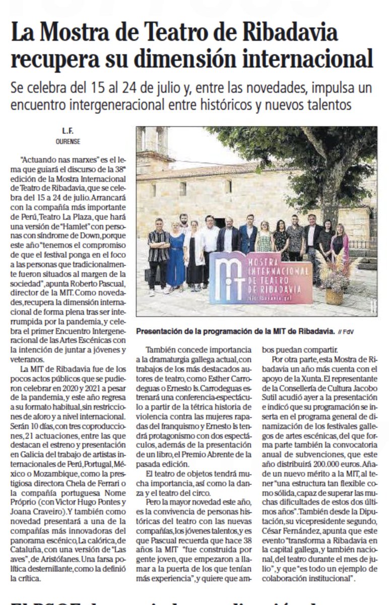 🗞 <a href="/FaroOurense/">Faro Ourense</a> "La Mostra de Teatro de <a href="/MITRibadavia/">MIT Ribadavia</a> recupera su dimensión internacional"
Se celebra del 15 al 24 de julio
<a href="/CesarRibadavia/">César Fernández</a> reafirma o compromiso da <a href="/DeputacionOU/">Deputación de Ourense</a> coa MIT de Ribadavia como "evento fundamental da cultura ourensá e galega"
farodevigo.es/ourense/2022/0…