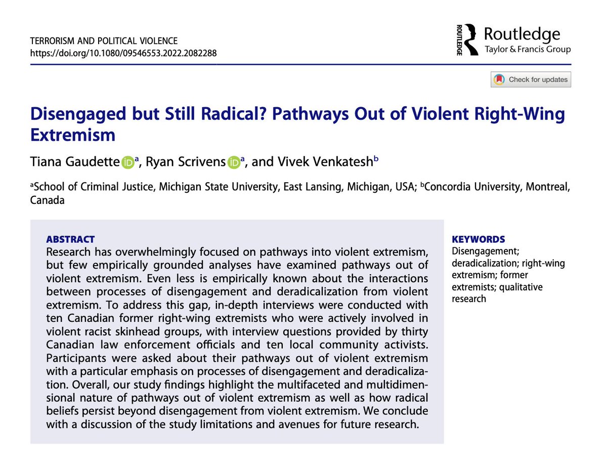 This project has been years in the making, and it's finally out - in <a href="/terpolv/">Editors</a>. 

We interviewed formers about their pathways out of violent extremism, and with a focus on the complex interactions between disengagement and deradicalization: tandfonline.com/doi/abs/10.108…
