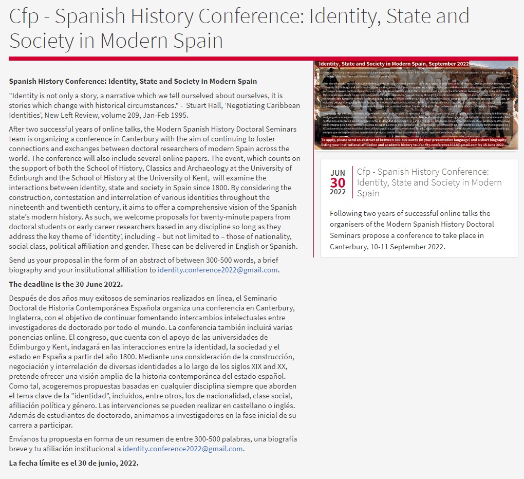 Calling all doctoral students and early career researchers of Spain - the deadline for our conference on Spanish identities C.1800-2000, to be held in Canterbury the 10-11 September, has been EXTENDED to 30 June '22. Small funds will be available for travel/accommodation!