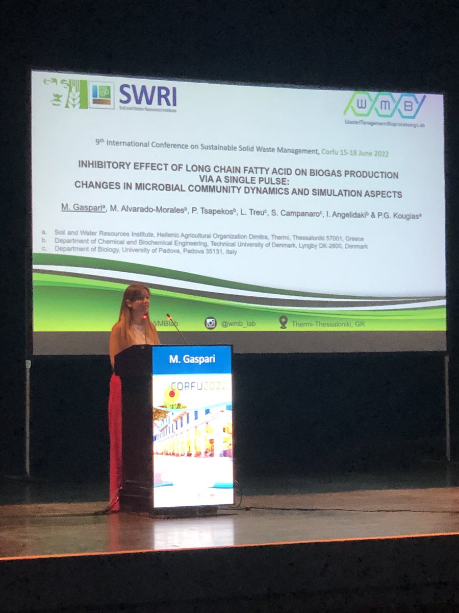 Another work of our Lab! Maria Gaspari is presenting at the 9th Int. #Conference on #Sustainable Solid #Waste #Management #Corfu2022 a collaborative work (🇬🇷🇮🇹🇩🇰) related with the #anaerobicdigestion #Microbiome due to #lcfa degradation and #biogas process #simulation