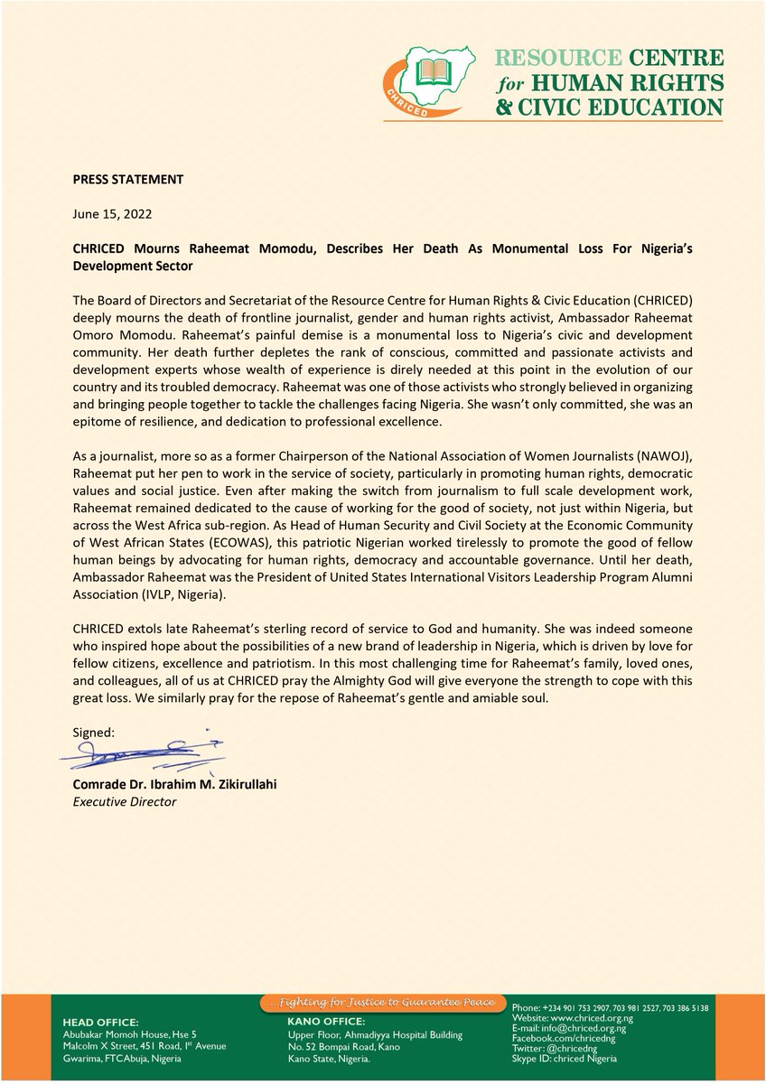 PRESS STATEMENT

June 15, 2022

CHRICED Mourns Raheemat Momodu, Describes Her Death As Monumental Loss For Nigeria’s Development Sector

web.facebook.com/chricedng/post…