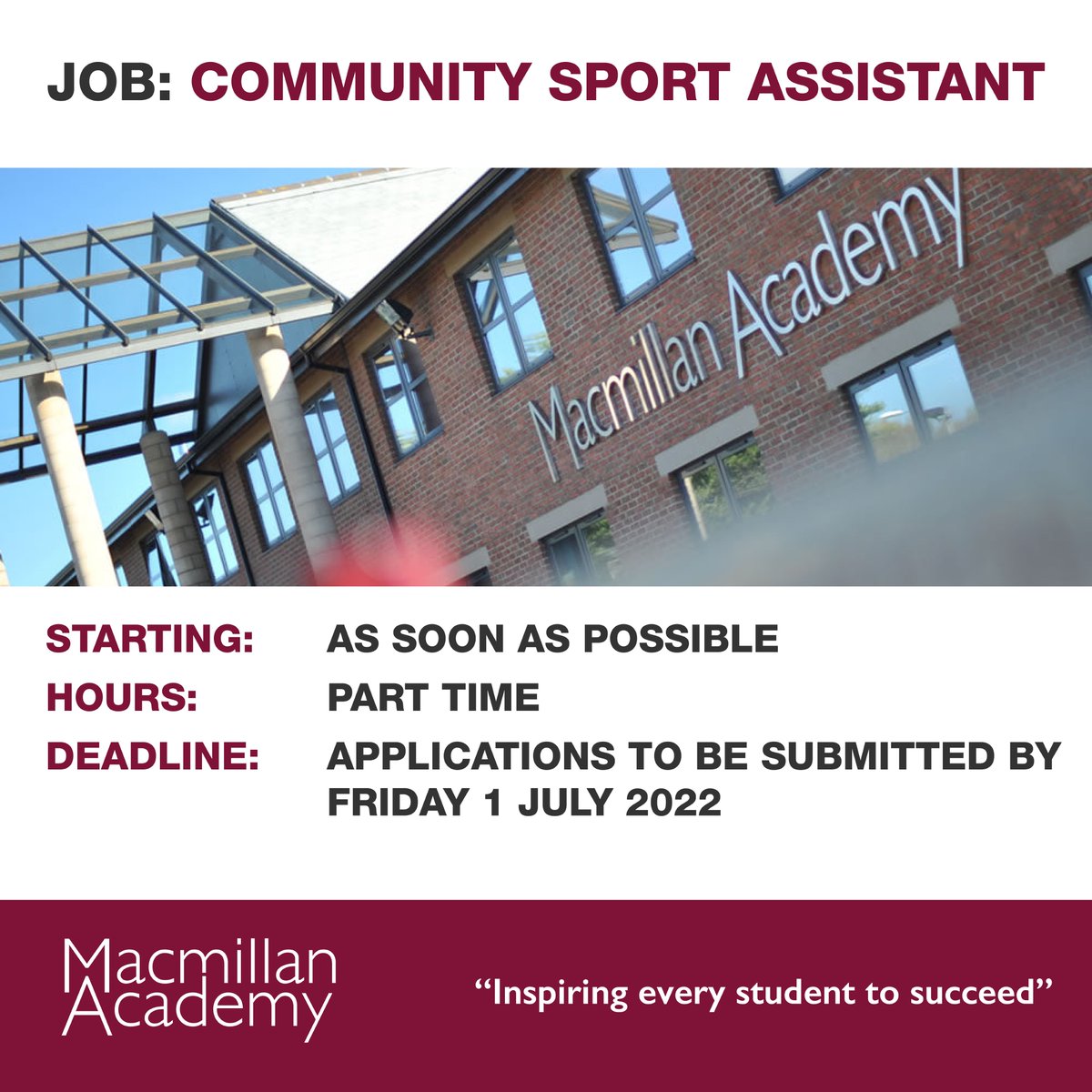 macmillanschool's tweet photo. Macmillan Academy Enterprises provides high quality sports facilities for community use at evenings and weekends.

We are looking to recruit a Community Sports Assistant to start as soon as possible.

To read more, and to apply click here:
https://t.co/TMnemjeQ38 https://t.co/txRz3aWp8B