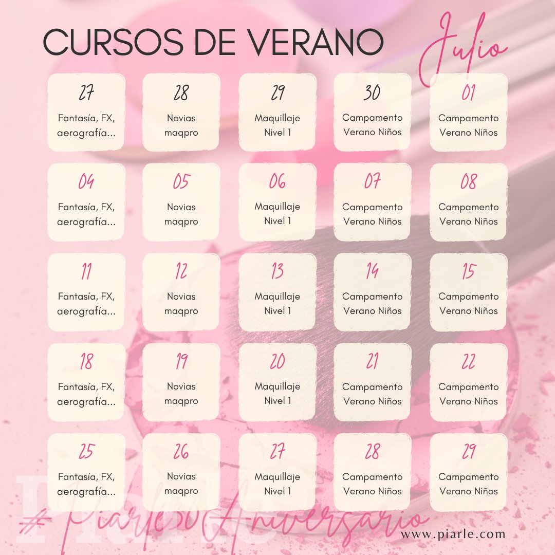 makeup_piarle's tweet photo. ¡Nos habéis preguntado mucho... y ya los tenéis aquí! 📢📢 Calendario de los #CURSOS de #VERANO de Piarlé! 📢📢 Del 27 de junio al 29 de julio.

Más información, en el 956 26 62 00 o por WhatsApp al ☑ 610 74 33 65 ☑ https://t.co/qIbbQfVFOq