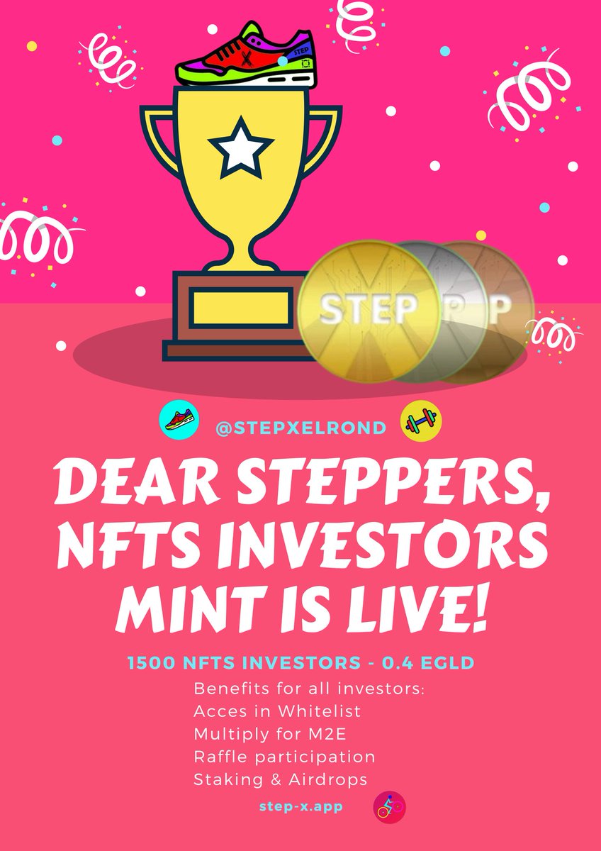 BeeSh0cK's tweet photo. 📢In collab with @stepXelrond, we are happy to announce that NFTs Investors mint is LIVE!
🚀 Mint here: https://t.co/1KUEFZBm9o

Prizes worth ~2.5 $ELGD

🥇0.2 $EGLD + 1 nft
🥈1000 $stepx + 1 nft
🥉500 $stepx

📋To enter:
1⃣Follow @stepXelrond &amp; me
2⃣❤️&amp;🔄
3⃣Tag 3 friends

⏳48h https://t.co/aTzlAJOB4v