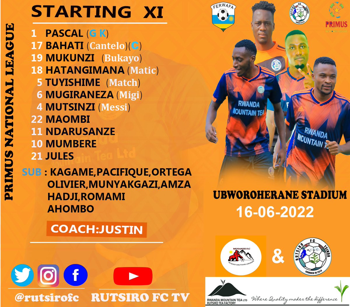rutsirofc's tweet photo. ๐ โซ๏ธ The line up ๐ โซ๏ธ๐
MUSANZE FC vs RUTSIRO FC
โฐ12H30โ
๐16/06/2022
๐ UBWOROHERANE Stadium
#MUSRUT
#RutsiroFcTSINDA https://t.co/geK4lIdJ0o