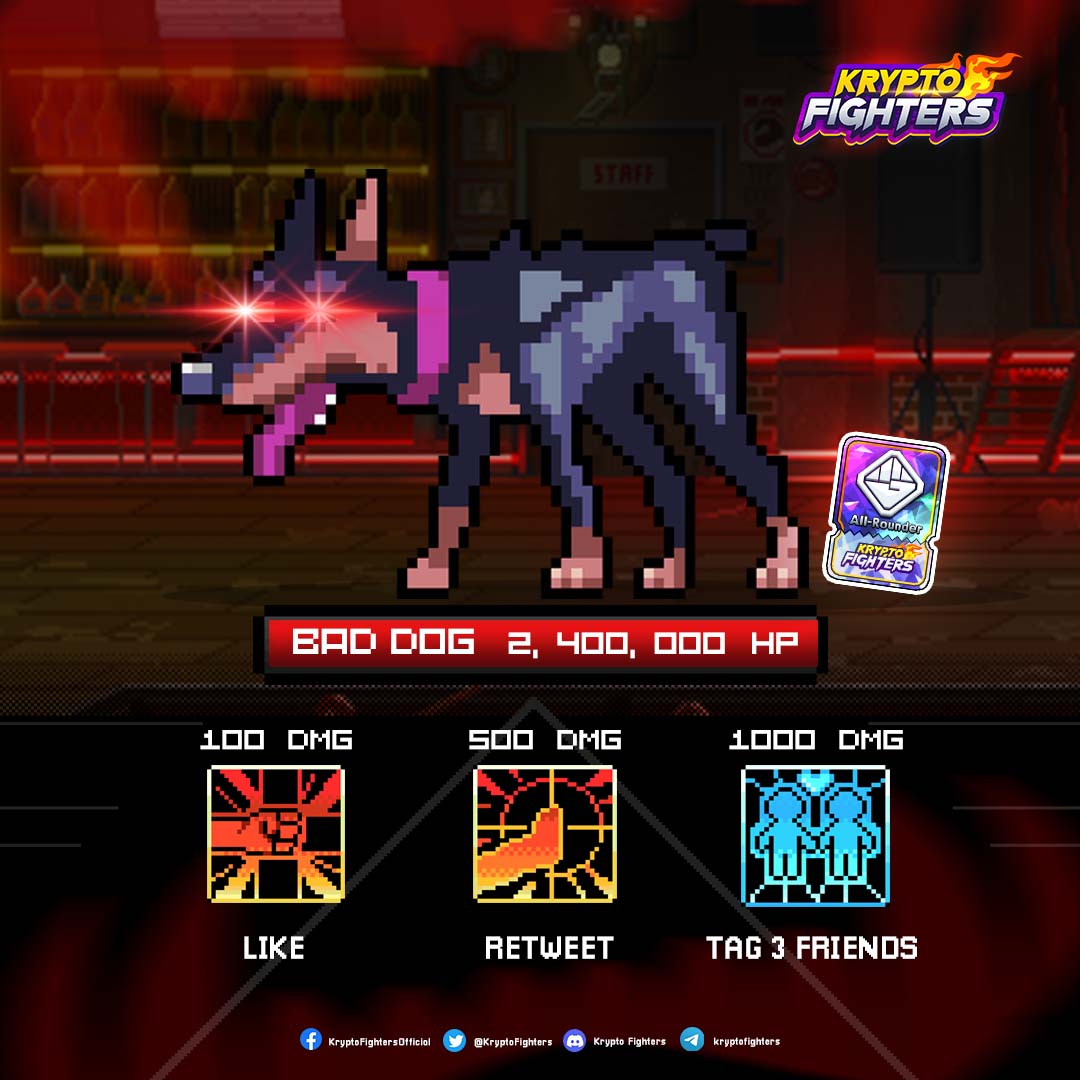 🚨SECURITY BREAK🚨
Bad Dog just broke the crate, now out in the Kryptopolis &amp; stole precious Fighter Tickets.
 
1️⃣Like = 100 DMG
2️⃣RT = 500 DMG
3️⃣Tag 3 friends in comment = 1,000 DMG
 
👊Defeat &amp; take rewards!
🎁3 Fighter Tickets &amp; 10 WL (random)
⏰June 20 | 3 AM
 
#airdrop #nft